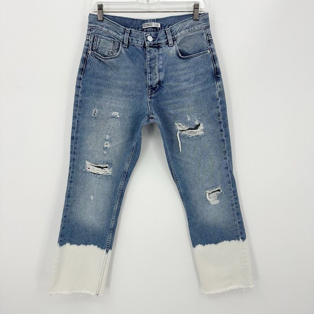 Zara Women Jeans 4 Blue Two-tone Distressed Raw Hem Streetwear-Style Edgy Trendy